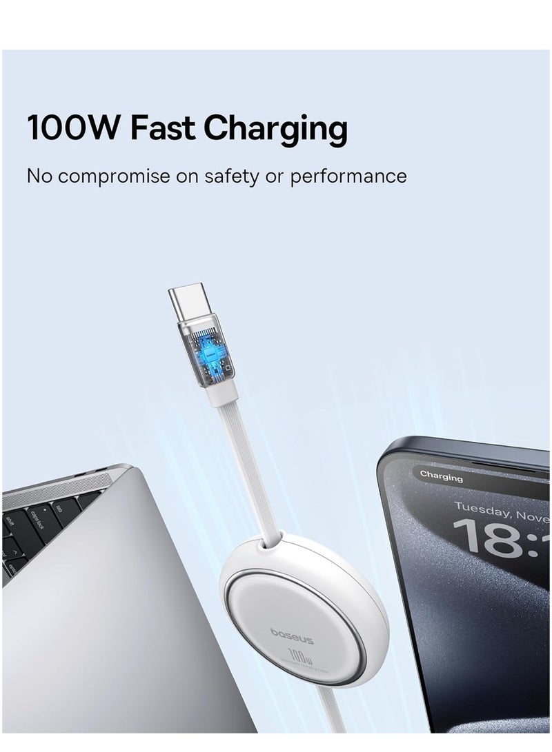 بيسوس كابل USB C، كابل شحن سريع USB C صغير قابل للسحب 100 وات إلى USB C PD 5A، كابل شاحن USB من النوع C بطول 1 متر بطول 4 مراحل لهواتف iPhone 15/Pro/Plus/Pro Max وMacBook وiPad Pro وSamsung S23/S22+ أبيض - Image 2