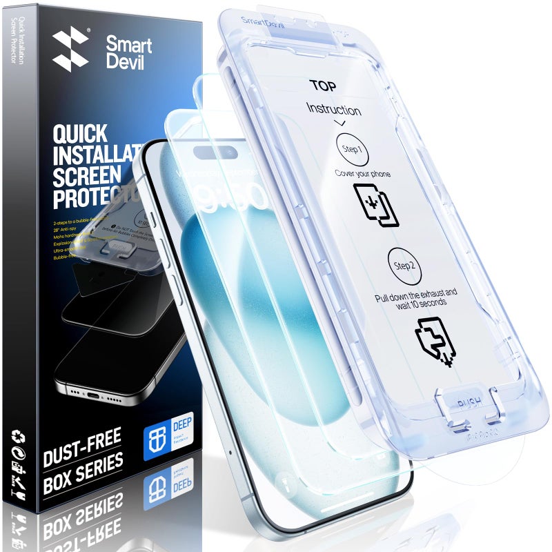 SMARTDEVIL 3 Pack for iPhone 15 Screen Protector, 9H Hardness Military Grade Shatterproof, HD Clear Tempered Glass with Auto Dust-Elimination, Bubble Free, Easy Installation, Case Friendly - Image 1