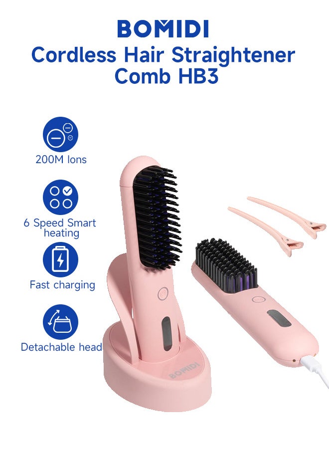 BOMIDI Cordless Hair Straightener Comb Detachable for Easy Clean, 200M Ions, 6 Speed Smart Temp, Dual Charging, Ideal for On - the - Go Styling - Pink  - Image 3