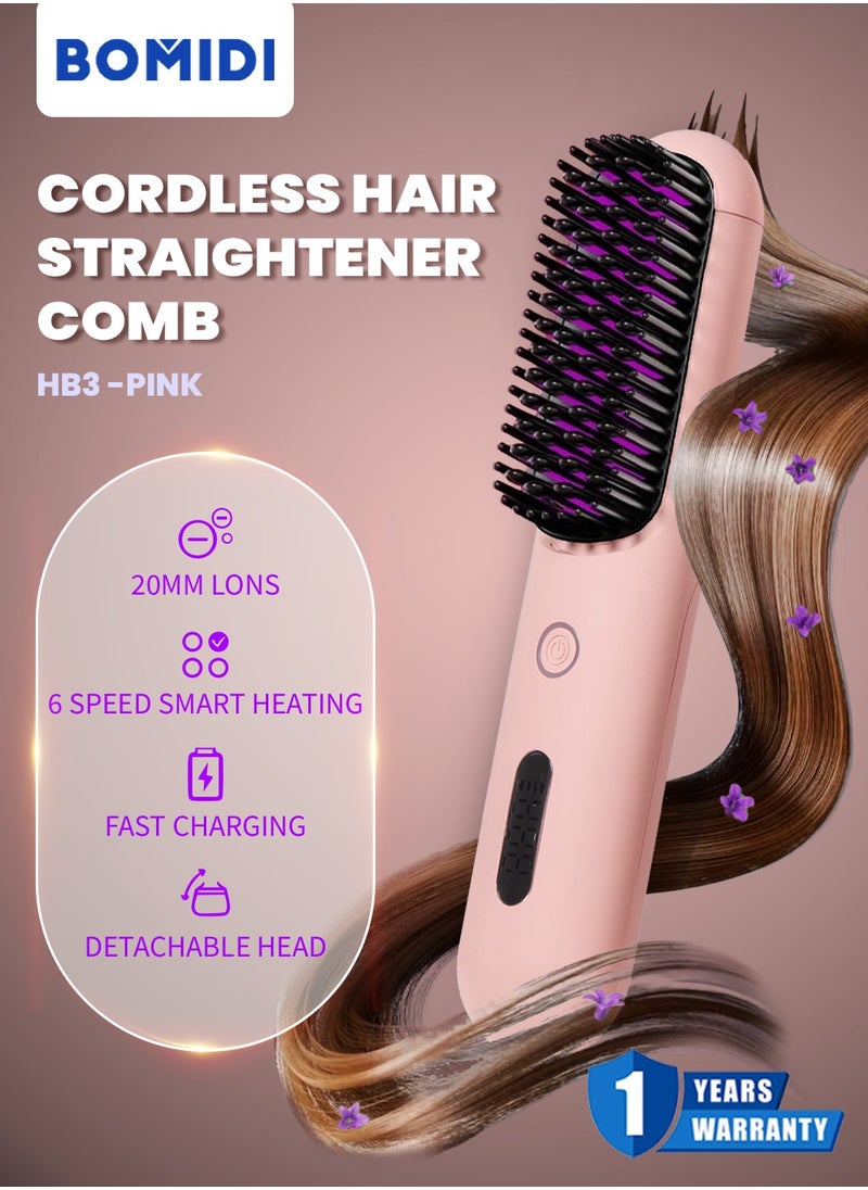 BOMIDI Cordless Hair Straightener Comb Detachable for Easy Clean, 200M Ions, 6 Speed Smart Temp, Dual Charging, Ideal for On - the - Go Styling - Pink  - Image 2