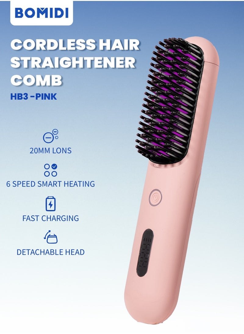 BOMIDI Cordless Hair Straightener Comb Detachable for Easy Clean, 200M Ions, 6 Speed Smart Temp, Dual Charging, Ideal for On - the - Go Styling - Pink  - Image 1