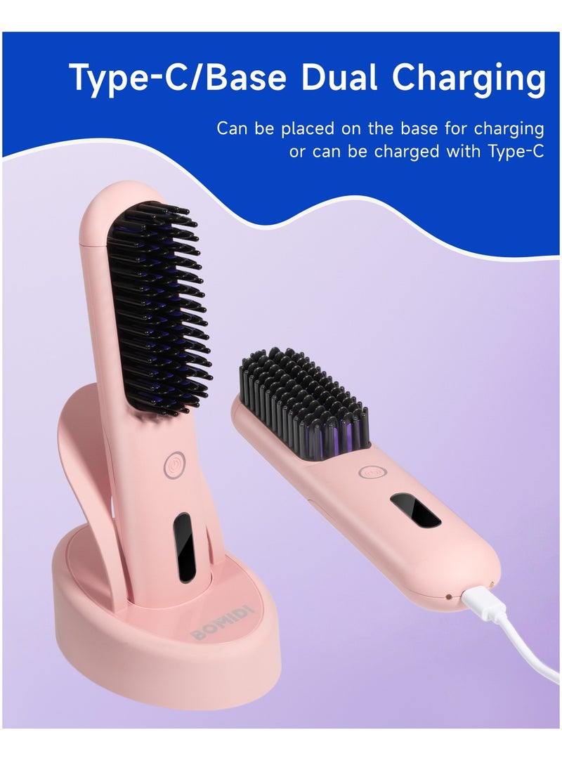 BOMIDI - Cordless Hair Straightener Comb Detachable for Easy Clean, 200M Ions, 6 Speed Smart Temp, Dual Charging, Ideal for On - the - Go Styling - Pink - Image 1