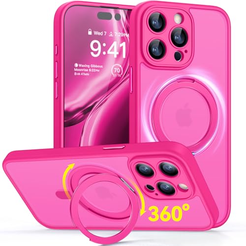 CANSHN 360 Spin Magnetic Stand for iPhone 15 Pro Max Case Full Camera Protection Compatible with Magsafe Translucent Matte Shockproof Protective Kickstand Phone Cover 67 Hot Pink - Image 1