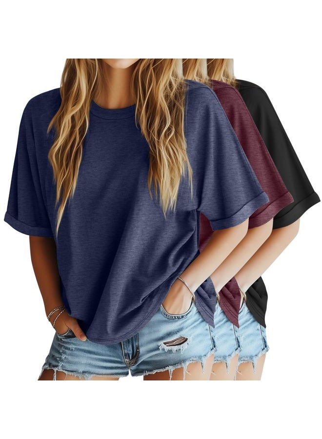 Riyiper 3 Pack Women's Oversized T Shirt Cotton Half Sleeve Summer Tees Casual Loose Fit Crew Neck Basic Tops, Black, Navy Blue, Wine Red, L - Image 1