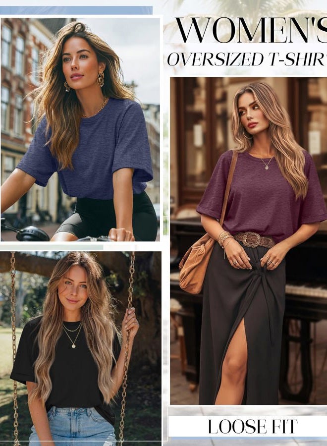 Riyiper 3 Pack Women's Oversized T Shirt Cotton Half Sleeve Summer Tees Casual Loose Fit Crew Neck Basic Tops, Black, Navy Blue, Wine Red, L - Image 3