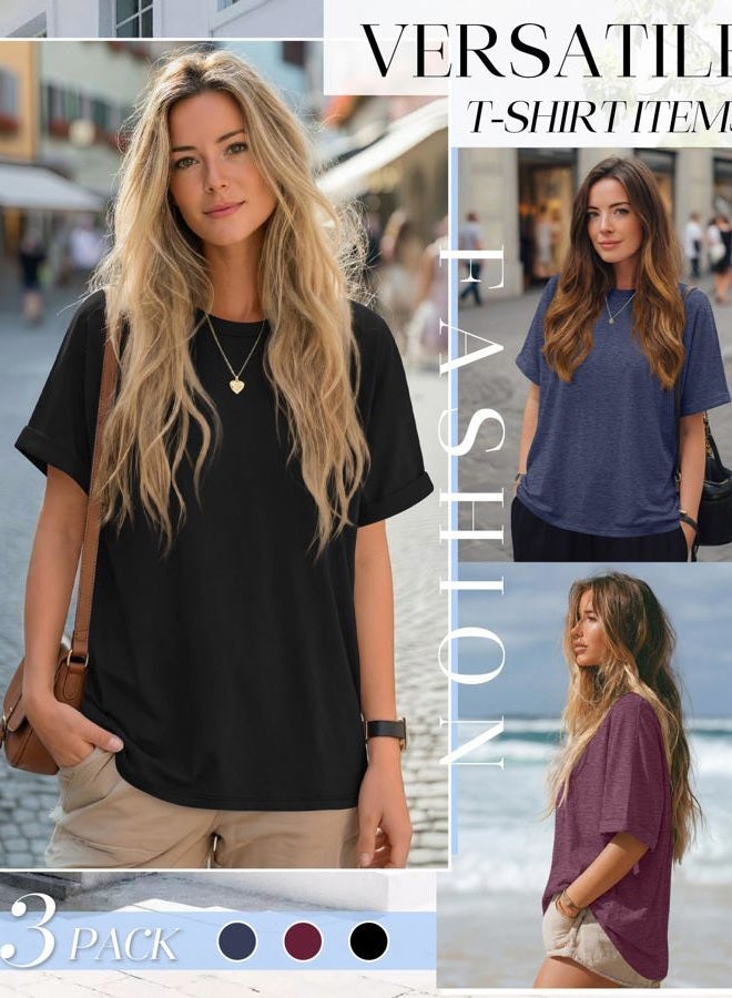 Riyiper 3 Pack Women's Oversized T Shirt Cotton Half Sleeve Summer Tees Casual Loose Fit Crew Neck Basic Tops, Black, Navy Blue, Wine Red, L - Image 5
