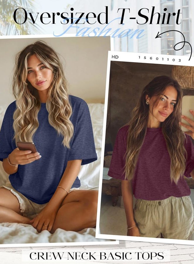 Riyiper 3 Pack Women's Oversized T Shirt Cotton Half Sleeve Summer Tees Casual Loose Fit Crew Neck Basic Tops, Black, Navy Blue, Wine Red, L - Image 4