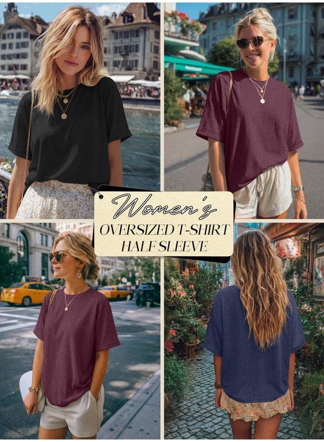 Riyiper 3 Pack Women's Oversized T Shirt Cotton Half Sleeve Summer Tees Casual Loose Fit Crew Neck Basic Tops, Black, Navy Blue, Wine Red, L - Image 2