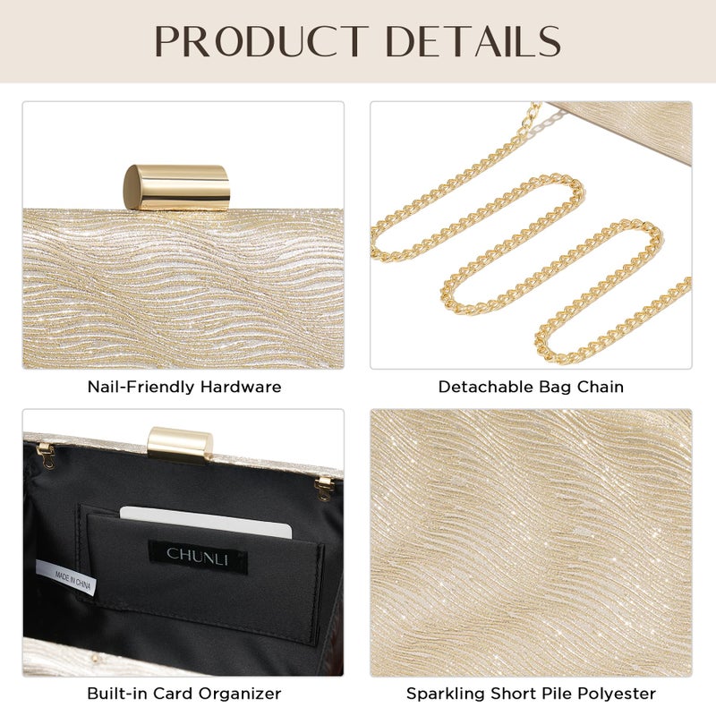 CHUNLI Sparkly Clutch Purses for Women Formal, Glitter Evening Bag with Detachable Chain for Wedding Prom Cocktail, Gold - Image 5