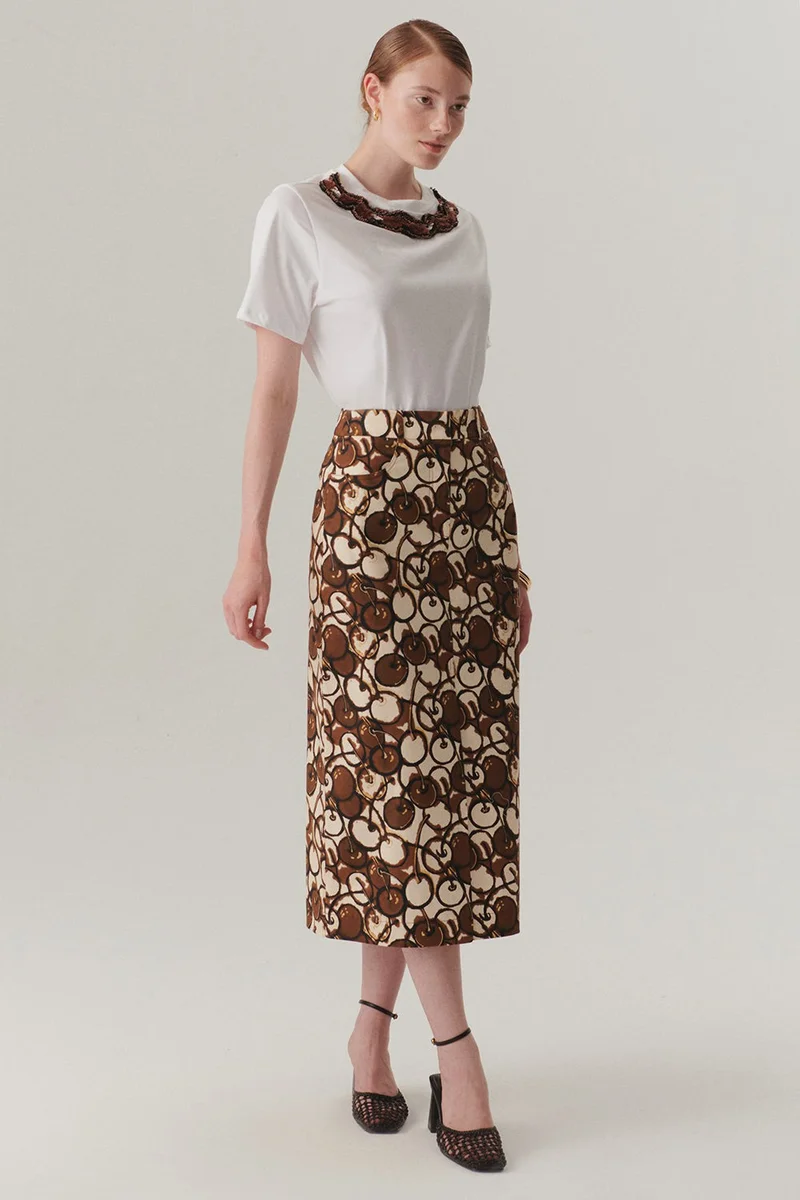 EXQUISE Pocketed Midi Length Patterned Slim Fit Skirt