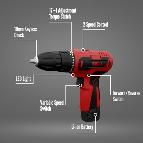 IBELL 12V Cordless Drill Driver CD12-74|17 Settings (+1 Mode setting)|1450 RPM|10mm Keyless Chuck|LED Light |2-Speed Mode|1500mAh Battery|32 Accessories|Perfect for Home & DIY Projects - Image 5