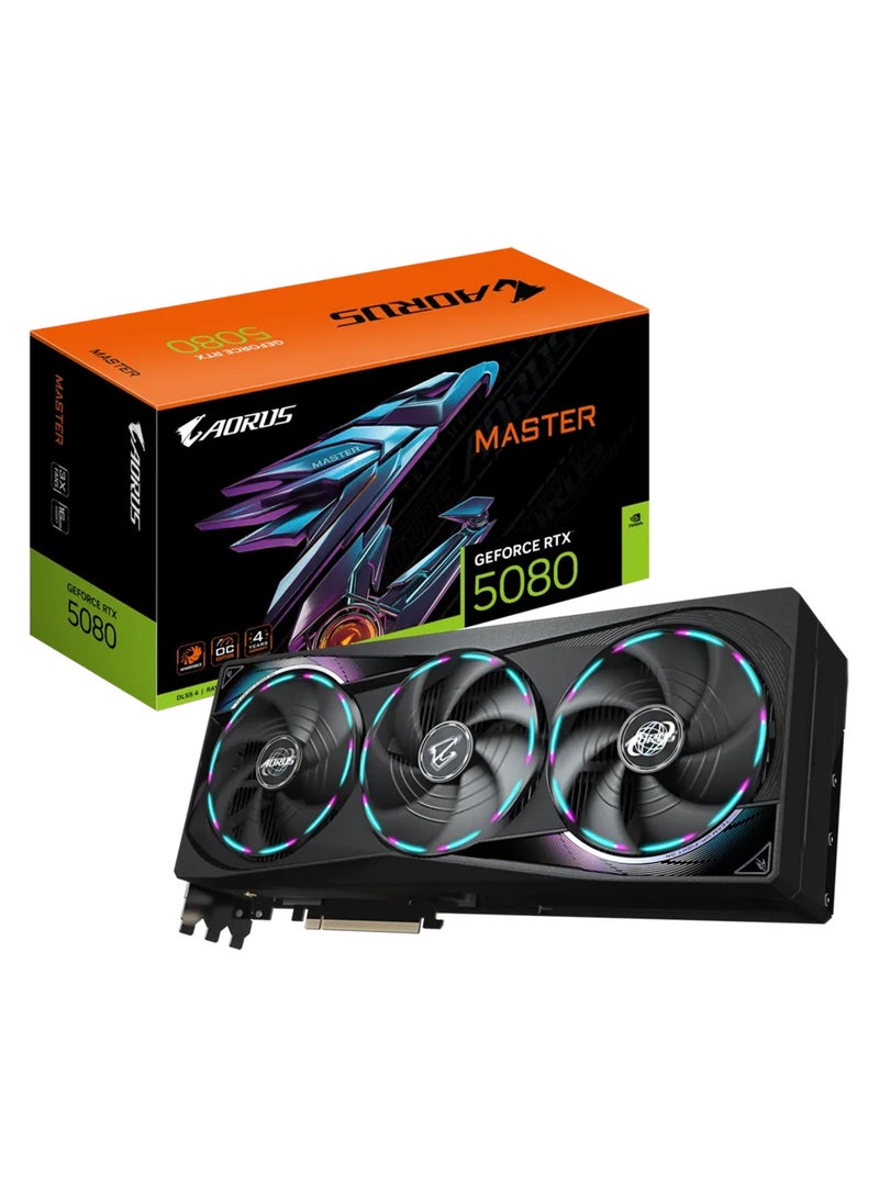 AORUS GeForce RTX™ 5080 MASTER 16GB GDDR7 Graphics Card, NVIDIA Blackwell Architecture, WINDFORCE Cooling System, Hawk Fan, Dual BIOS (Performance/Silent), RGB Halo, LCD Edge View, Composite Metal Grease, Server-Grade Thermal Gel, Reinforced Structure, Versatile VGA Holder | GV-N5080M-16GD  - Image 1