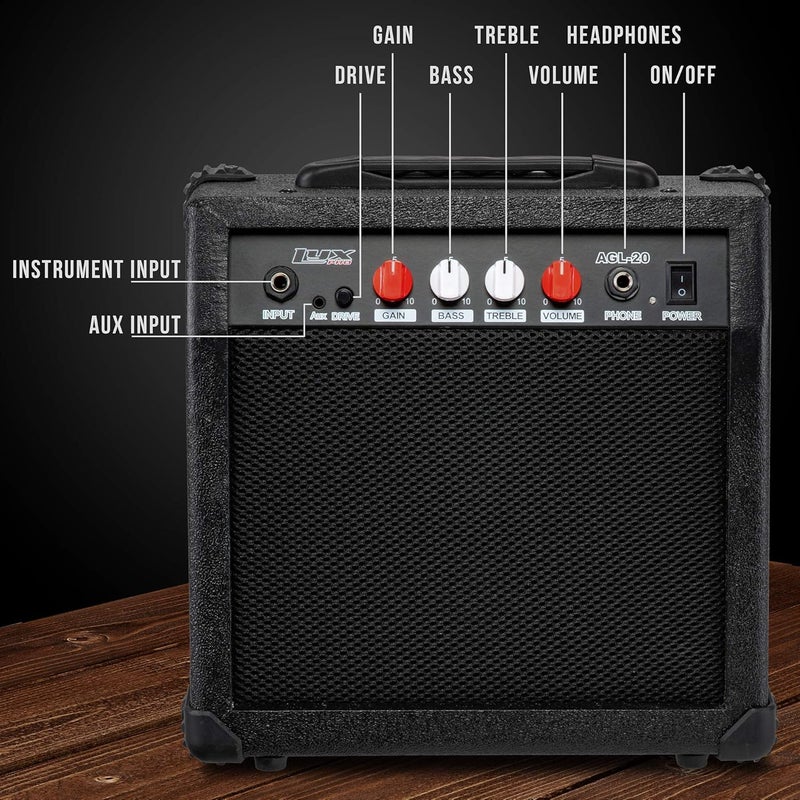 LyxPro Electric Guitar Amp 20 Watt Amplifier Built in Speaker Headphone Jack and Aux Input Includes Gain Bass Treble Volume and Grind - Black - Image 3