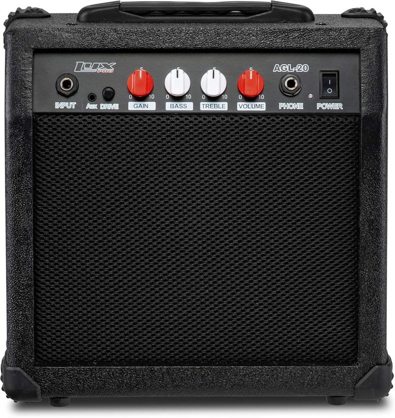 LyxPro Electric Guitar Amp 20 Watt Amplifier Built in Speaker Headphone Jack and Aux Input Includes Gain Bass Treble Volume and Grind - Black - Image 1