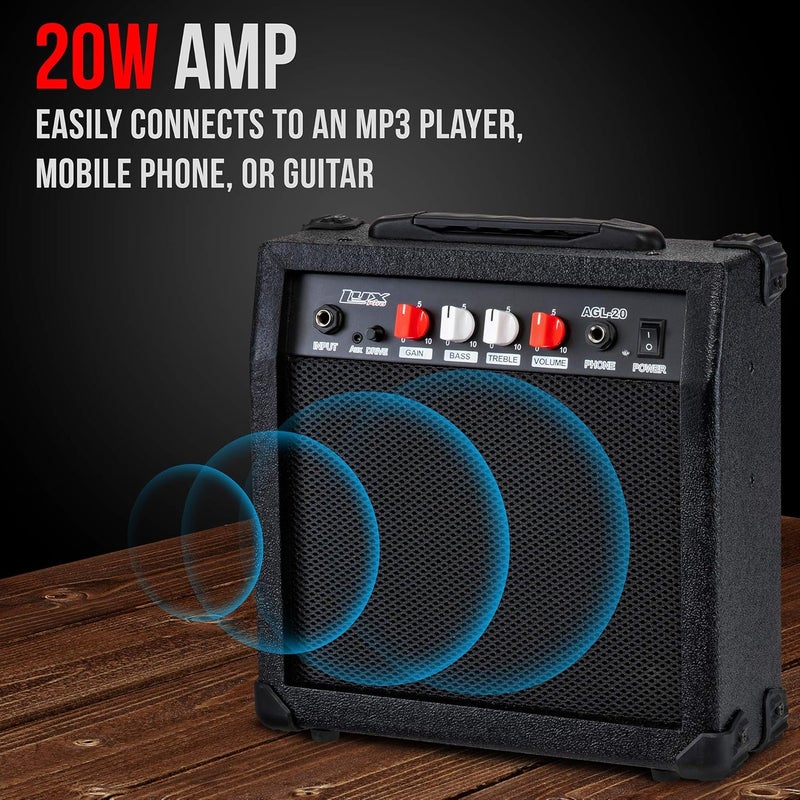 LyxPro Electric Guitar Amp 20 Watt Amplifier Built in Speaker Headphone Jack and Aux Input Includes Gain Bass Treble Volume and Grind - Black - Image 2