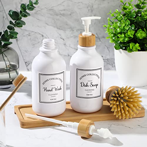Zopeal 4 Pieces Kitchen Soap Dispenser Set 16 oz Dish Soap Dispenser with Bamboo Pump Soap Tray and Dish Brush Bathroom Soap Dispenser Set with Waterproof Labels for Hand Soap Dish Lotion (White) - Image 3