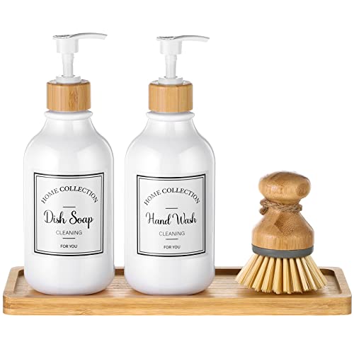 Zopeal 4 Pieces Kitchen Soap Dispenser Set 16 oz Dish Soap Dispenser with Bamboo Pump Soap Tray and Dish Brush Bathroom Soap Dispenser Set with Waterproof Labels for Hand Soap Dish Lotion (White) - Image 1