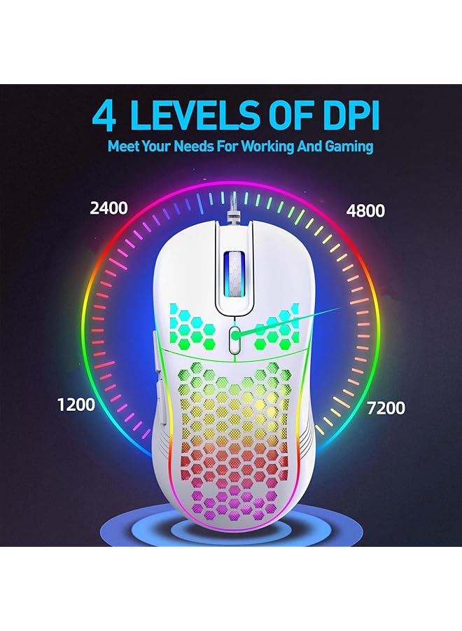 Wired Gaming Mouse Rgb Backlighting And 7200 Adjustable Dpi Ergonomic And Lightweight Usb Computer Mouse With High Precision Sensor For Windows Pc & Laptop (White) - Image 4