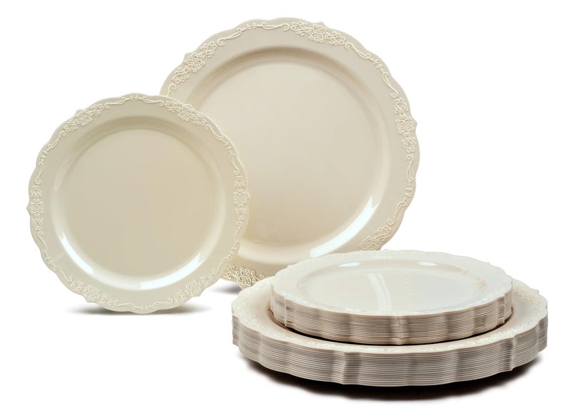 OCCASIONS FINEST PLASTIC TABLEWARE OCCASIONS  240 Plates Pack120 Guests Vintage Wedding Party Disposable Plastic Plates Set 120 x 10 Dinner  120 x 75 SaladDessert Verona Plain Ivory 