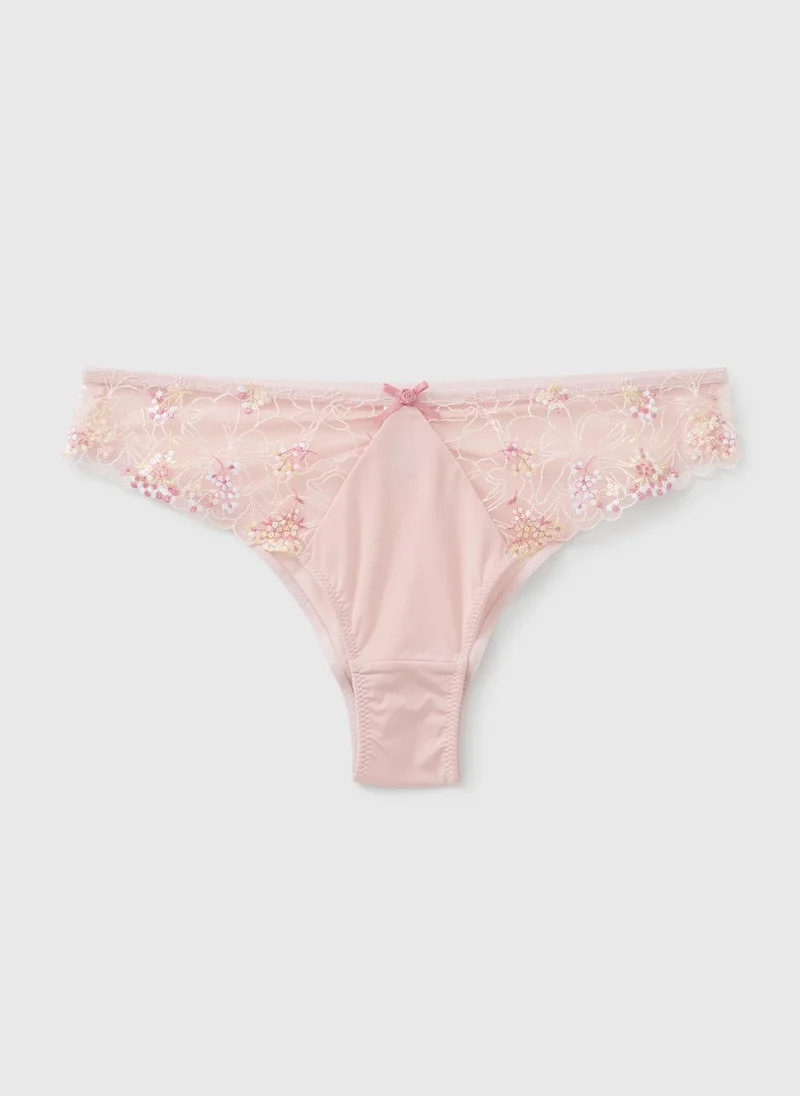 ماتلان Pink Floral Embroidered Brazilian Knickers