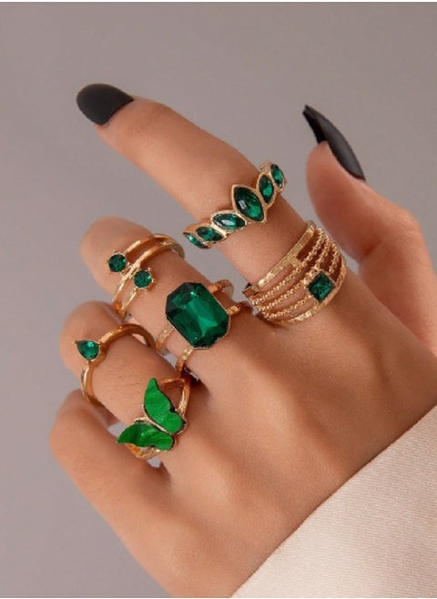 6pcs/set Alloy Geometric Butterfly Rhinestone Simple Ring (butterfly Shapes May Vary In Color & Texture, Rhinestone May Come In Different Sizes)