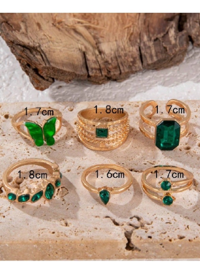 Shein - 6pcs/set Alloy Geometric Butterfly Rhinestone Simple Ring (butterfly Shapes May Vary In Color & Texture, Rhinestone May Come In Different Sizes) - Image 1
