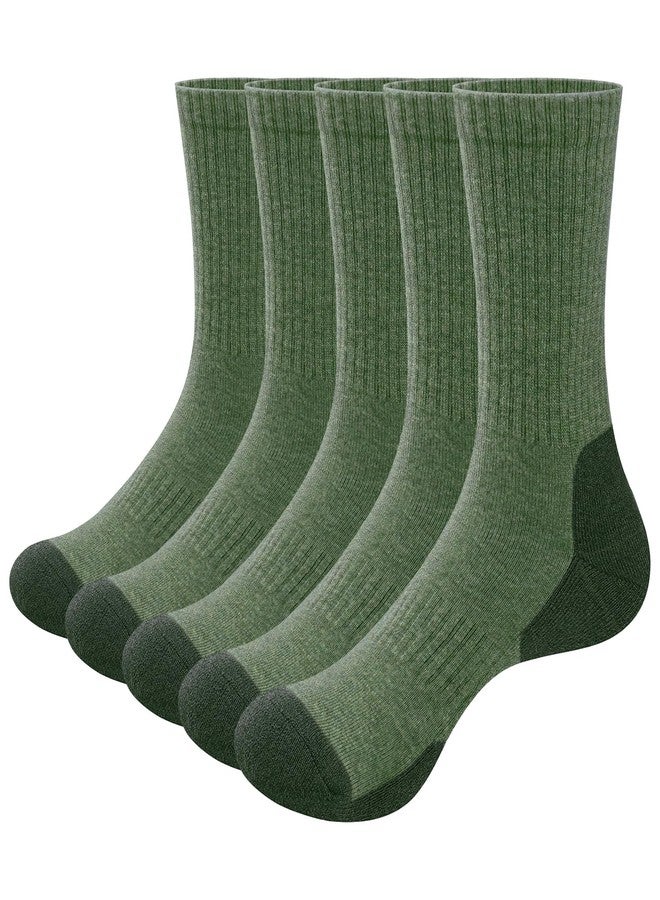 YUEDGE Men's Crew Socks For Men, Terry Cushioned Wool Blend Anti Blister Hiking Athletic Socks, Moisture Wicking Comfort Work Socks, Size 9-11, Army Green, 5 Pairs - Image 1
