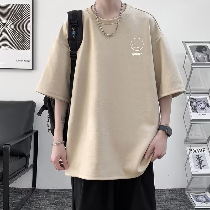 2024 Pink Heavy T-Shirt Men'S Suede Smiley Fashionable Short-Sleeved Summer American Large Size Half-Sleeved T-Shirt - Image 4