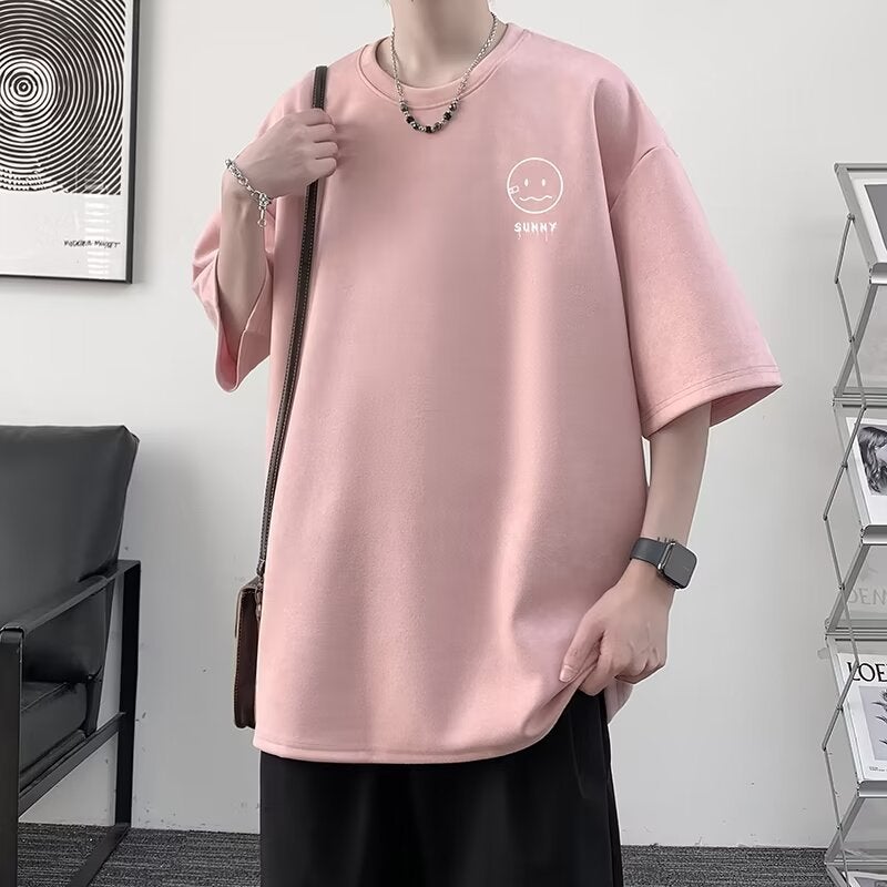2024 Pink Heavy T-Shirt Men'S Suede Smiley Fashionable Short-Sleeved Summer American Large Size Half-Sleeved T-Shirt - Image 3