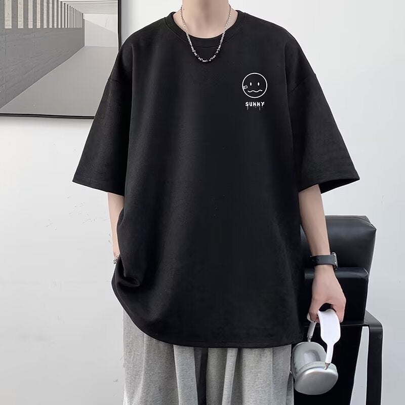 2024 Pink Heavy T-Shirt Men'S Suede Smiley Fashionable Short-Sleeved Summer American Large Size Half-Sleeved T-Shirt - Image 2