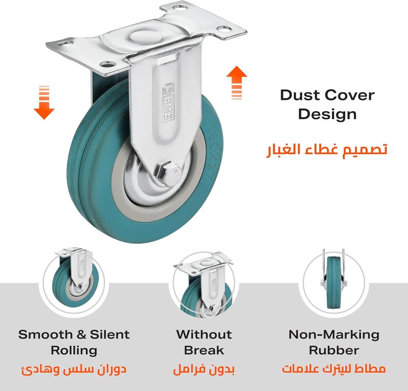 BMB Market need oriented construction TOOLS 100mm Caster Wheels Set of 4 Heavy Duty, Rigid Casters Top Plate Fitting, Non Marking Grey Rubber Fixed Caster Wheels for Cart Furniture Industrial Use Local market compliant trusted quality - Image 4