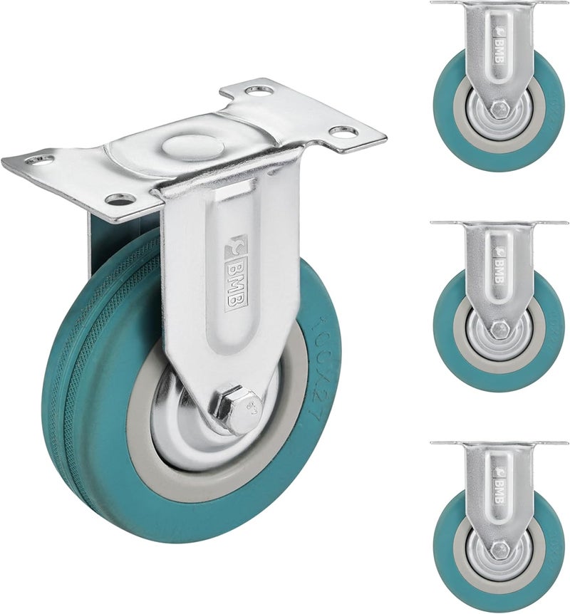 BMB Market need oriented construction TOOLS 100mm Caster Wheels Set of 4 Heavy Duty, Rigid Casters Top Plate Fitting, Non Marking Grey Rubber Fixed Caster Wheels for Cart Furniture Industrial Use Local market compliant trusted quality - Image 1