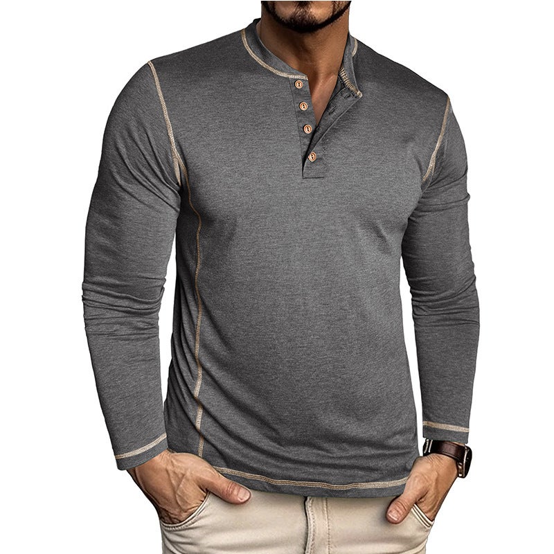 Cross-Border Men''s New Long-Sleeved Henley Shirt Export and Men''s Color-Blocked T-Shirt Bottoming Shirt Henley - Image 2
