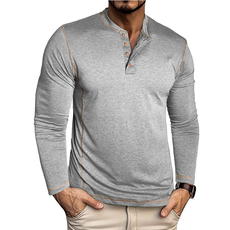 Cross-Border Men''s New Long-Sleeved Henley Shirt Export and Men''s Color-Blocked T-Shirt Bottoming Shirt Henley - Image 1