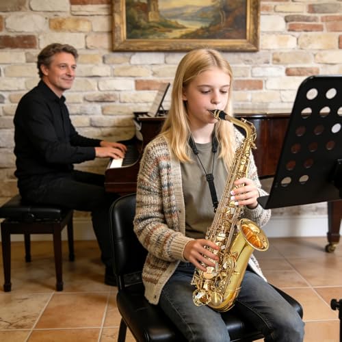 WUQIMUSC Beginner Alto Saxophone, E Flat - Complete Starter Kit with Case & 10 Reeds, for Adults & Students, Easy to Play for School Band & Practice(Gold) - Image 3