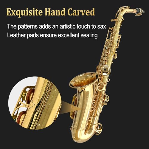 WUQIMUSC Beginner Alto Saxophone, E Flat - Complete Starter Kit with Case & 10 Reeds, for Adults & Students, Easy to Play for School Band & Practice(Gold) - Image 4
