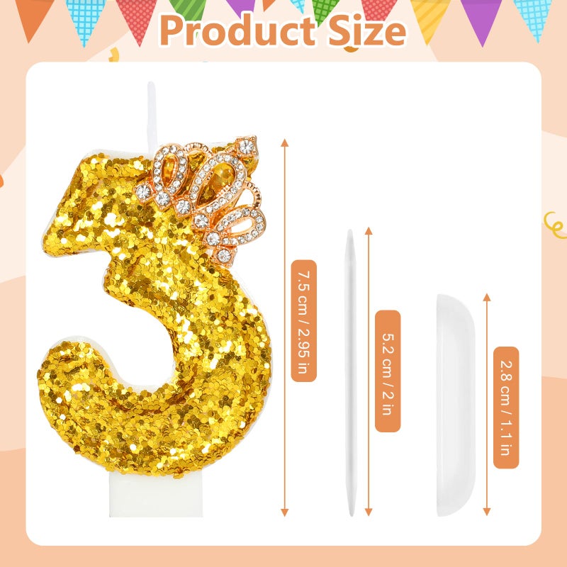 AKURIEEY Gold Birthday Candle Crown Number 3 Candle with Sequins Cake Candles Cupcake Decorations Party Decor for Anniversary Celebrations Supplies - Image 3