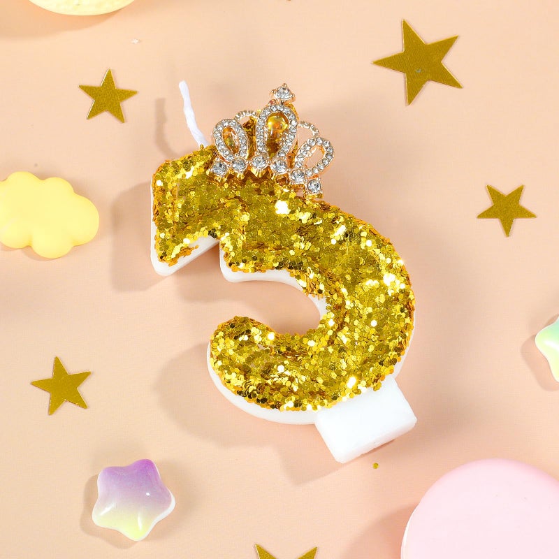 AKURIEEY Gold Birthday Candle Crown Number 3 Candle with Sequins Cake Candles Cupcake Decorations Party Decor for Anniversary Celebrations Supplies - Image 2