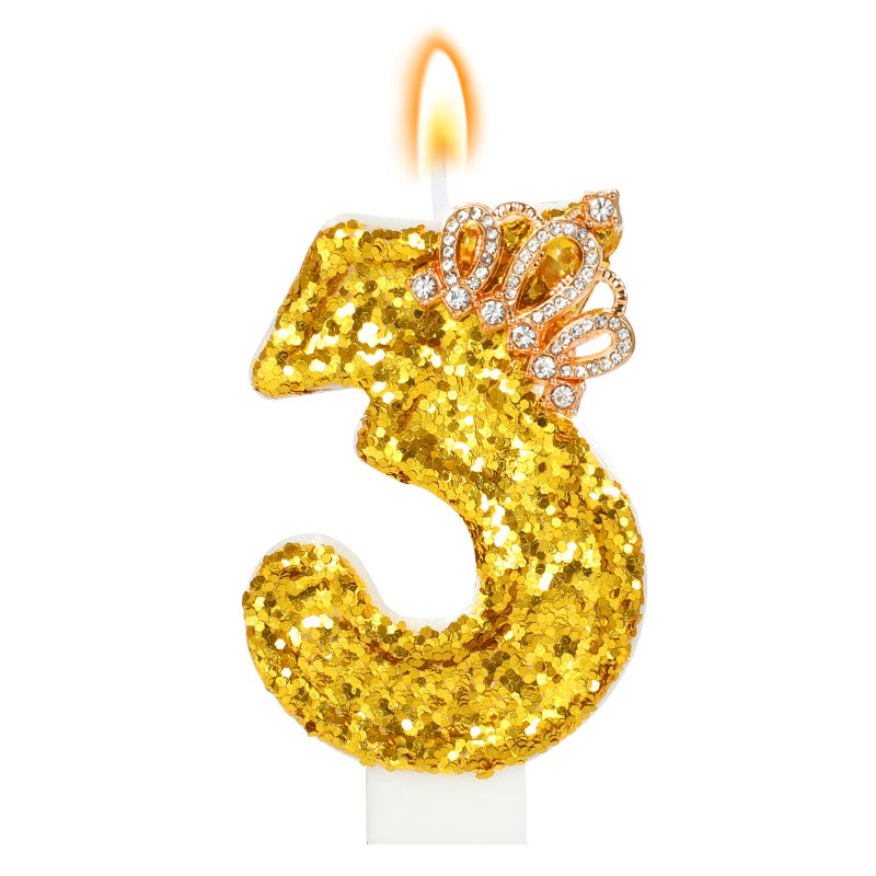 AKURIEEY Gold Birthday Candle Crown Number 3 Candle with Sequins Cake Candles Cupcake Decorations Party Decor for Anniversary Celebrations Supplies - Image 1