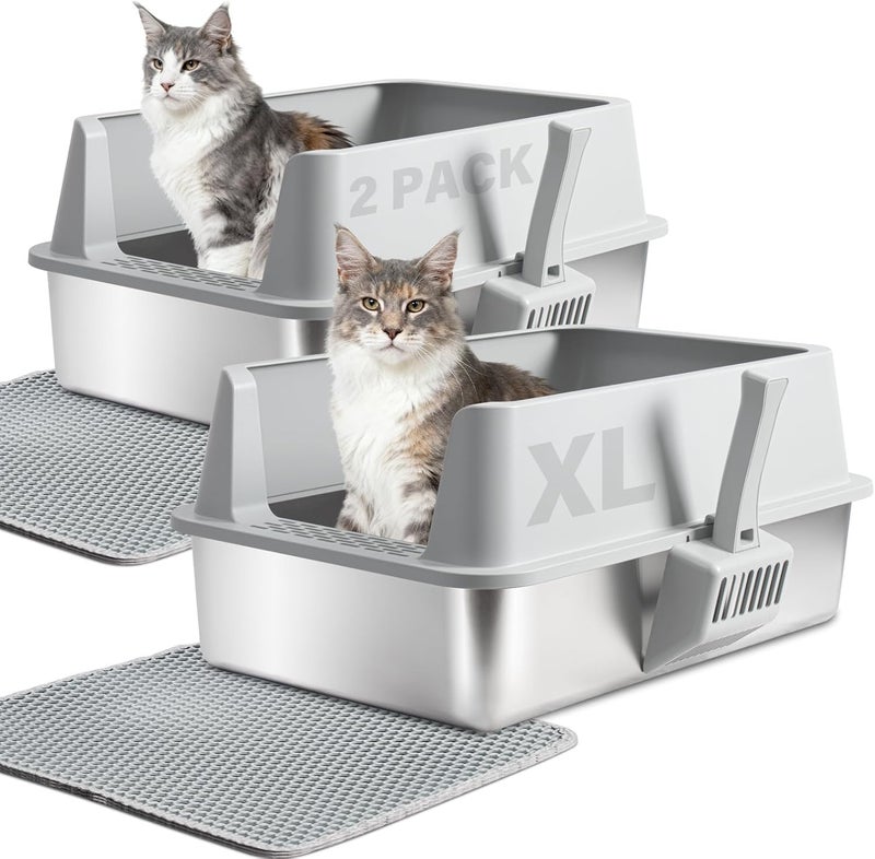 Yollber 2PACK Stainless Steel Cat Litter Box with Lid, XL Metal Litter Box, Extra Large Litterbox for Big Cats, High Sided | Easy Cleaning | Odor-Free Includes Scoop and Mat - Image 1