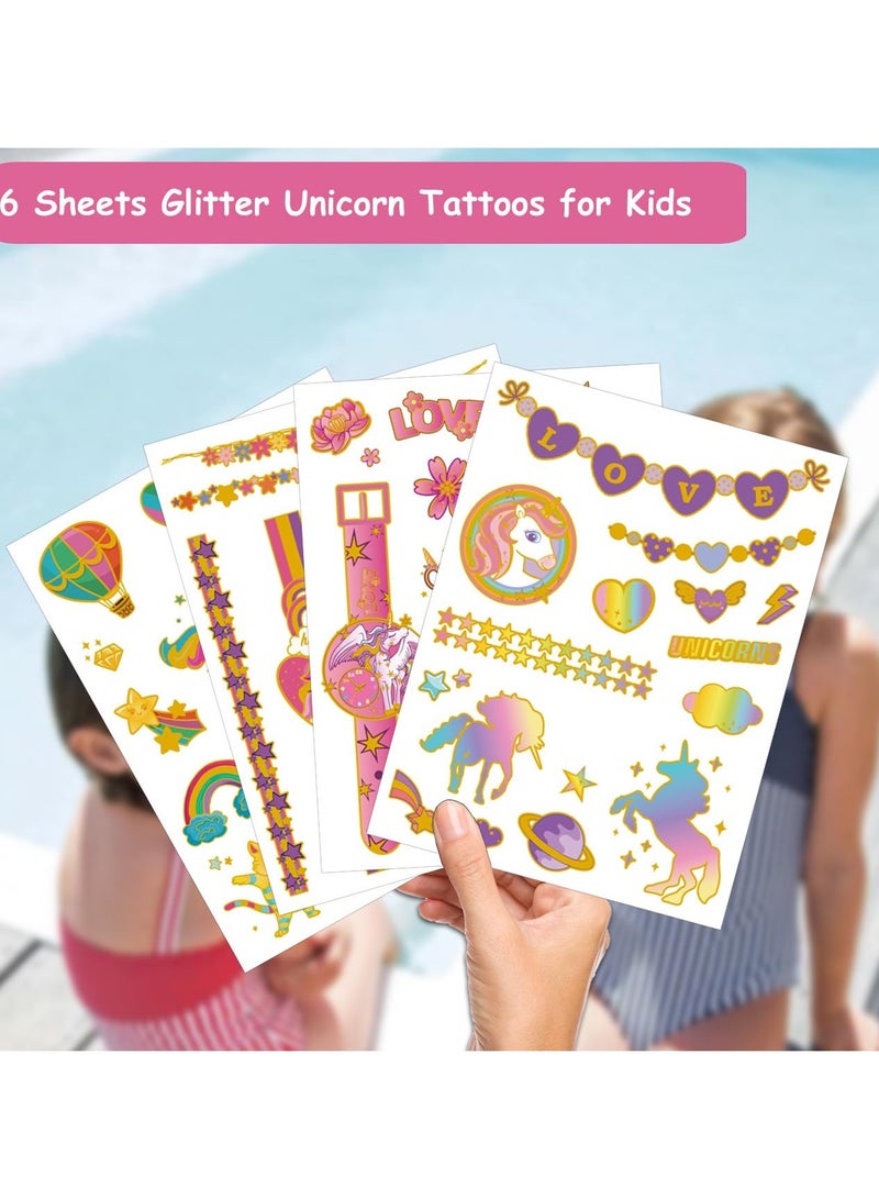 قوس قزح أورينبو 6 أوراق من وشم يونيكورن اللامع المعدني 65 نمطًا لامعًا من وشم يونيكورن المؤقت للأطفال لوازم الحفلات للفتيات هدايا عيد ميلاد يونيكورن حشوات أكياس الهدايا - Image 2