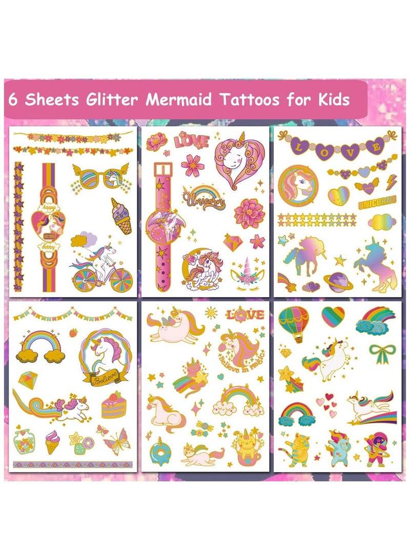 قوس قزح أورينبو 6 أوراق من وشم يونيكورن اللامع المعدني 65 نمطًا لامعًا من وشم يونيكورن المؤقت للأطفال لوازم الحفلات للفتيات هدايا عيد ميلاد يونيكورن حشوات أكياس الهدايا - Image 3