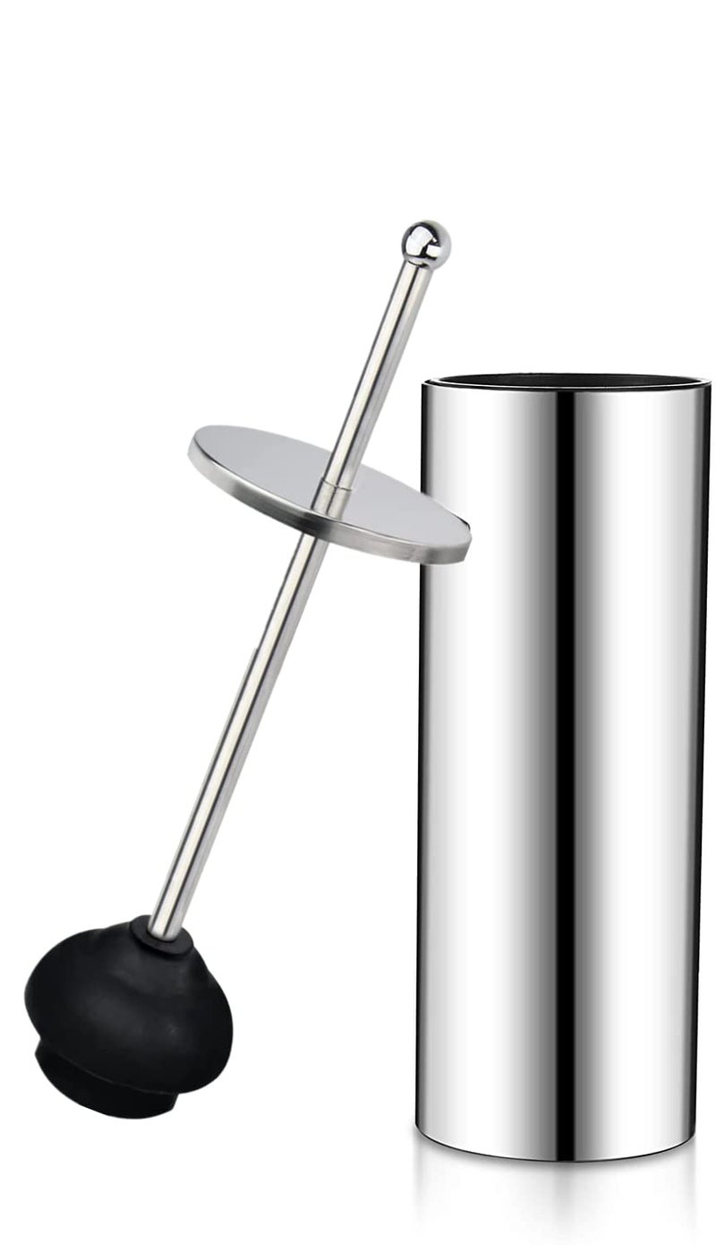 Gecious Chrome Toilet Plunger with Holder Bathroom Metal Canister Holder Drip Cup Heavy Duty Deep Cleaning Silver 