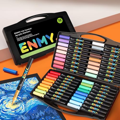 ENMY 36 Colors Direct Liquid Acrylic Paint Pens, Acrylic Paint Markers Pens, Fabric Markers for Textile, Canvas, Rock, Glass, Wood, Paper, DIY, Acrylic Markers for DIY Craft Supplies - Image 1