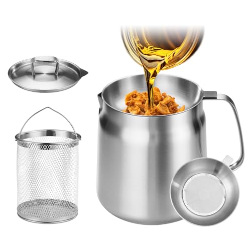 GADO 119oz 304 Stainless Steel Deep Fryer Pot with Basket & Strainer, Large Capacity Bacon Grease Container for Kitchen,Frying, Cooking, Camping,Oil Filter Container - Dishwasher Safe (119oz/3.5L/3.7Qt) - Image 1