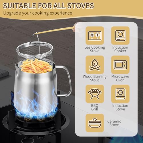 GADO 119oz 304 Stainless Steel Deep Fryer Pot with Basket & Strainer, Large Capacity Bacon Grease Container for Kitchen,Frying, Cooking, Camping,Oil Filter Container - Dishwasher Safe (119oz/3.5L/3.7Qt) - Image 5