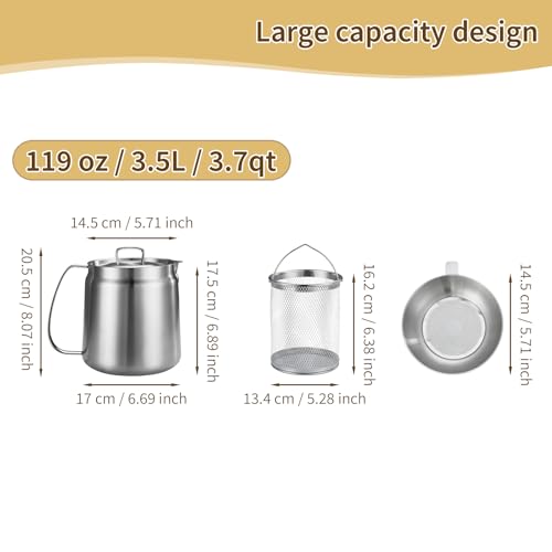 GADO 119oz 304 Stainless Steel Deep Fryer Pot with Basket & Strainer, Large Capacity Bacon Grease Container for Kitchen,Frying, Cooking, Camping,Oil Filter Container - Dishwasher Safe (119oz/3.5L/3.7Qt) - Image 4
