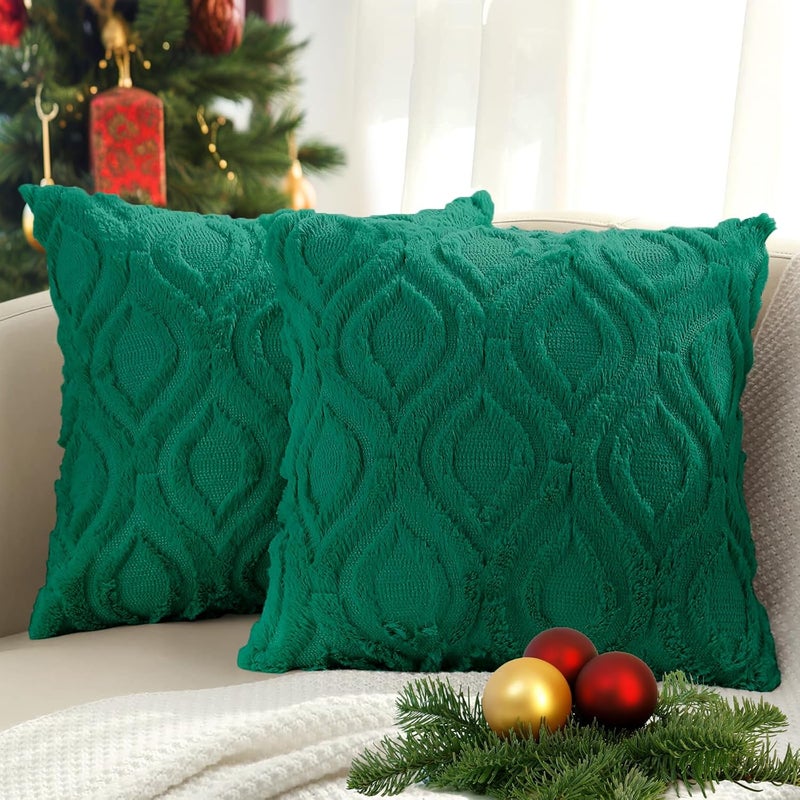 decorUhome Throw Pillow Covers 24x24 Inch Set of 2, Soft Plush Faux Wool Green Solid Couch Pillow Covers, Accent Euro Sham Farmhouse Neutral Square Pillow Cases for Sofa Bed Living Room - Image 1
