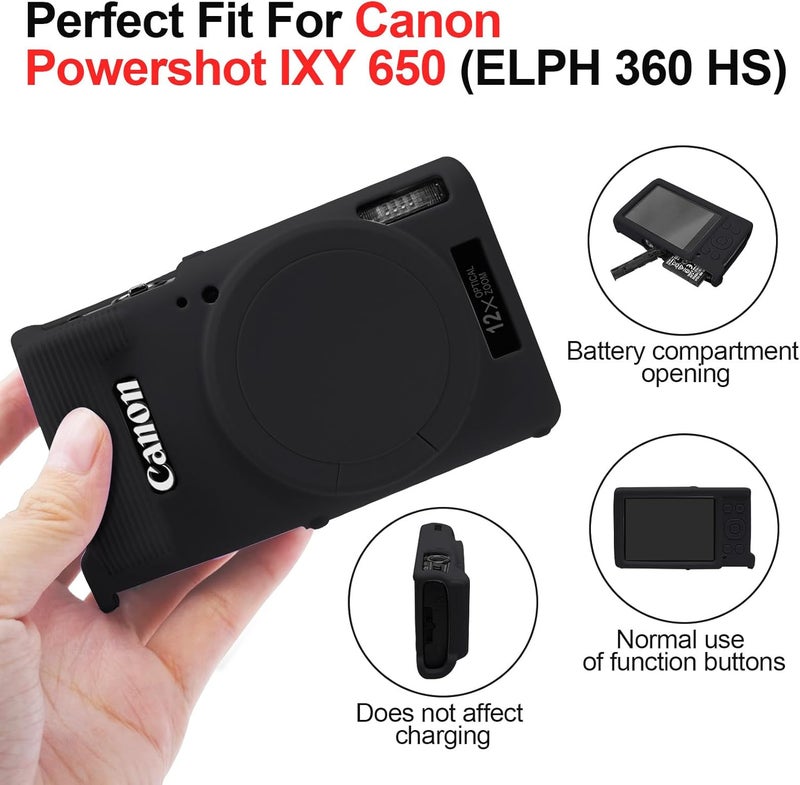 إيزي هود حافظة لكاميرا Canon PowerShot IXY 650/ELPH 360، غطاء كاميرا سيليكون ناعم مع غطاء عدسة قابل للإزالة، حافظة واقية رفيعة مضادة للخدش لحمل الكاميرا، غطاء جلدي لجسم الكاميرا (أسود) - Image 5