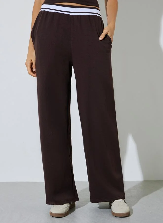 ستايلي Coffee Brown Solid Elasticated Waist Wide Leg Joggers